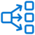 Blue icon showing a single square on the left connected by three arrows to three separate squares on the right, representing distribution or branching.