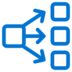 Blue icon showing a single square on the left connected by three arrows to three separate squares on the right, representing distribution or branching.