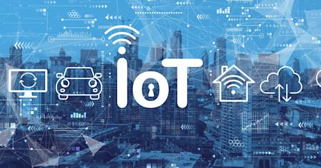 IoT security concept with interconnected smart devices against a city skyline background with digital network elements.