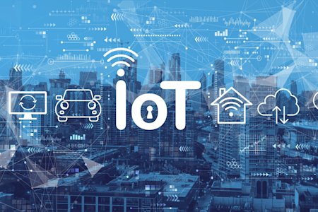 IoT security concept with interconnected smart devices against a city skyline background with digital network elements.