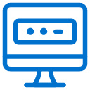 Blue icon of a computer monitor displaying a password entry field with three dots and a dash, symbolizing password protection or login on a digital device.