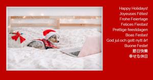 Holiday card featuring a cute dog wearing a Santa Hat, with greetings in multiple languages
