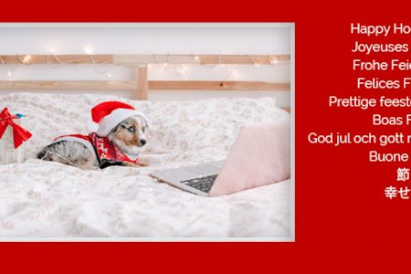 Holiday card featuring a cute dog wearing a Santa Hat, with greetings in multiple languages