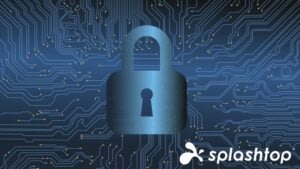 A digital padlock icon is centered on a blue circuit board background, symbolizing cybersecurity. The Splashtop logo appears in the bottom right corner.