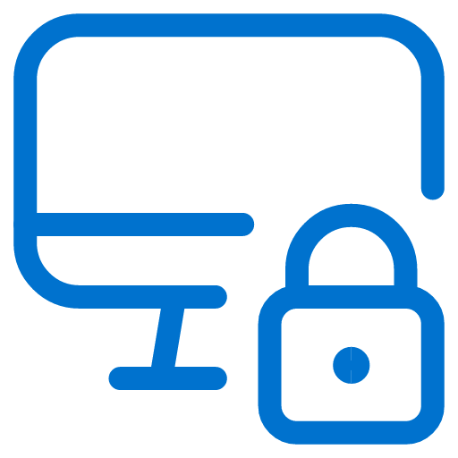 Blue outline icon of a computer monitor with a padlock, representing secure access or device security.