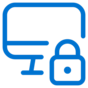 Blue outline icon of a computer monitor with a padlock, representing secure access or device security.