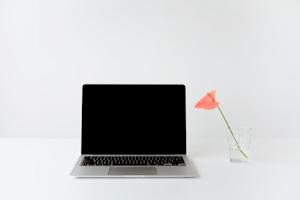 A laptop on a desk.