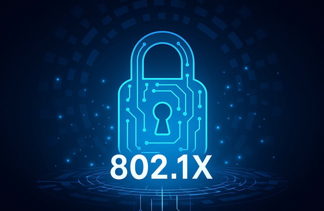 A glowing blue padlock with circuit patterns represents digital security, with 802.1X written below, set against a dark background with abstract technology elements.