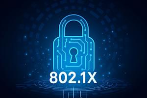 A glowing blue padlock with circuit patterns represents digital security, with 802.1X written below, set against a dark background with abstract technology elements.