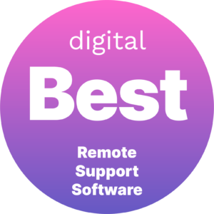 A circular badge with a pink to purple gradient background. White text reads: digital Best Remote Support Software.