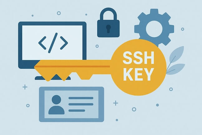 Illustration featuring a large golden key labeled SSH KEY in front of a monitor with code symbols, a padlock, a gear, and an ID card, representing secure access and authentication.