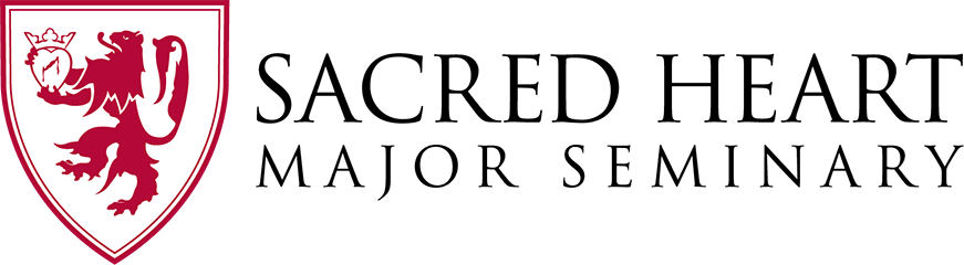 The logo for Sacred Heart Major Seminary features a red heraldic lion holding a ring inside a shield on the left, with the institutions name in black capital letters on the right.