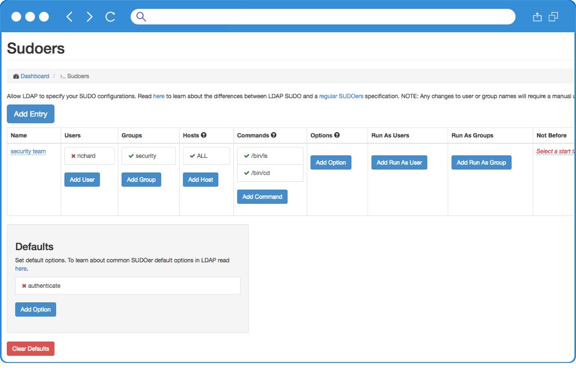 A web interface for managing SUDOers settings displays options to add entries, groups, hosts, commands, and defaults, with tables listing security/team, users, groups, hosts, commands, and run as settings.