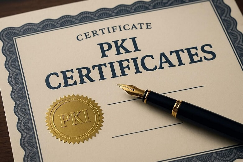 A close-up of a PKI certificate document with a gold seal labeled PKI and a black fountain pen resting on it. The certificate has a decorative blue border.