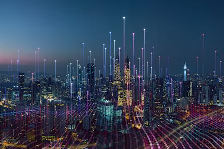  City skyline with a graphical overlay that represents interconnected networks