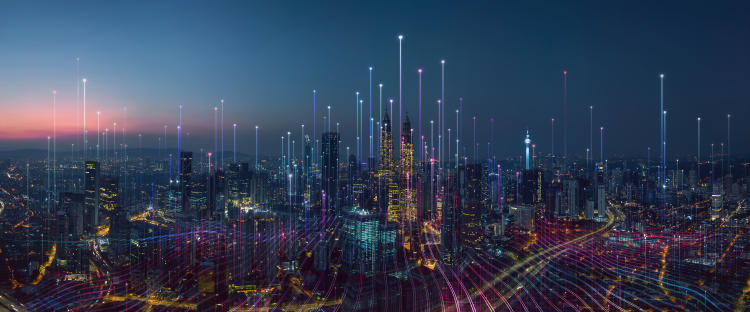  City skyline with a graphical overlay that represents interconnected networks