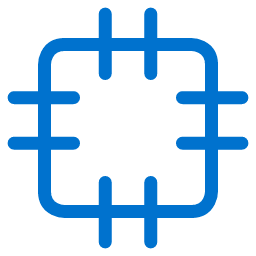 A simple blue outline icon of a microchip or computer processor with rounded corners and short lines extending outward on all four sides, set against a light gray background.