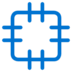 A simple blue outline icon of a microchip or computer processor with rounded corners and short lines extending outward on all four sides, set against a light gray background.