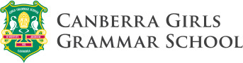 Canberra Girls Grammar School logo with a green and gold school crest featuring swans and a lamp, next to the school’s name in large, black capital letters.