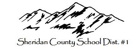 Black and white drawing of mountain peaks above the text “Sheridan County School Dist. #1” written in a decorative font.