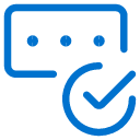 Blue icon of a rectangular speech bubble with three dots inside, next to a large checkmark in a circle, on a light gray background.