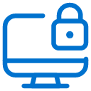 Blue outline icon of a computer monitor with a padlock symbol in the upper right corner, representing cybersecurity or computer security.