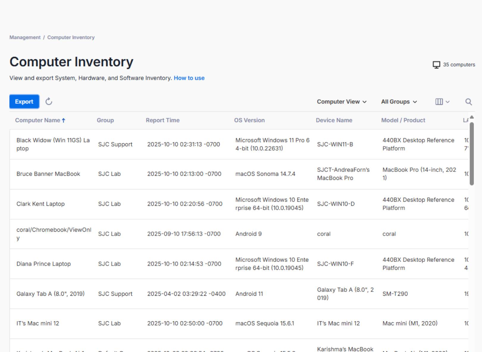 A computer inventory dashboard lists device names, groups, report times, OS versions, device owners, and reference platforms. An export button and filters for computer view and groups are at the top.