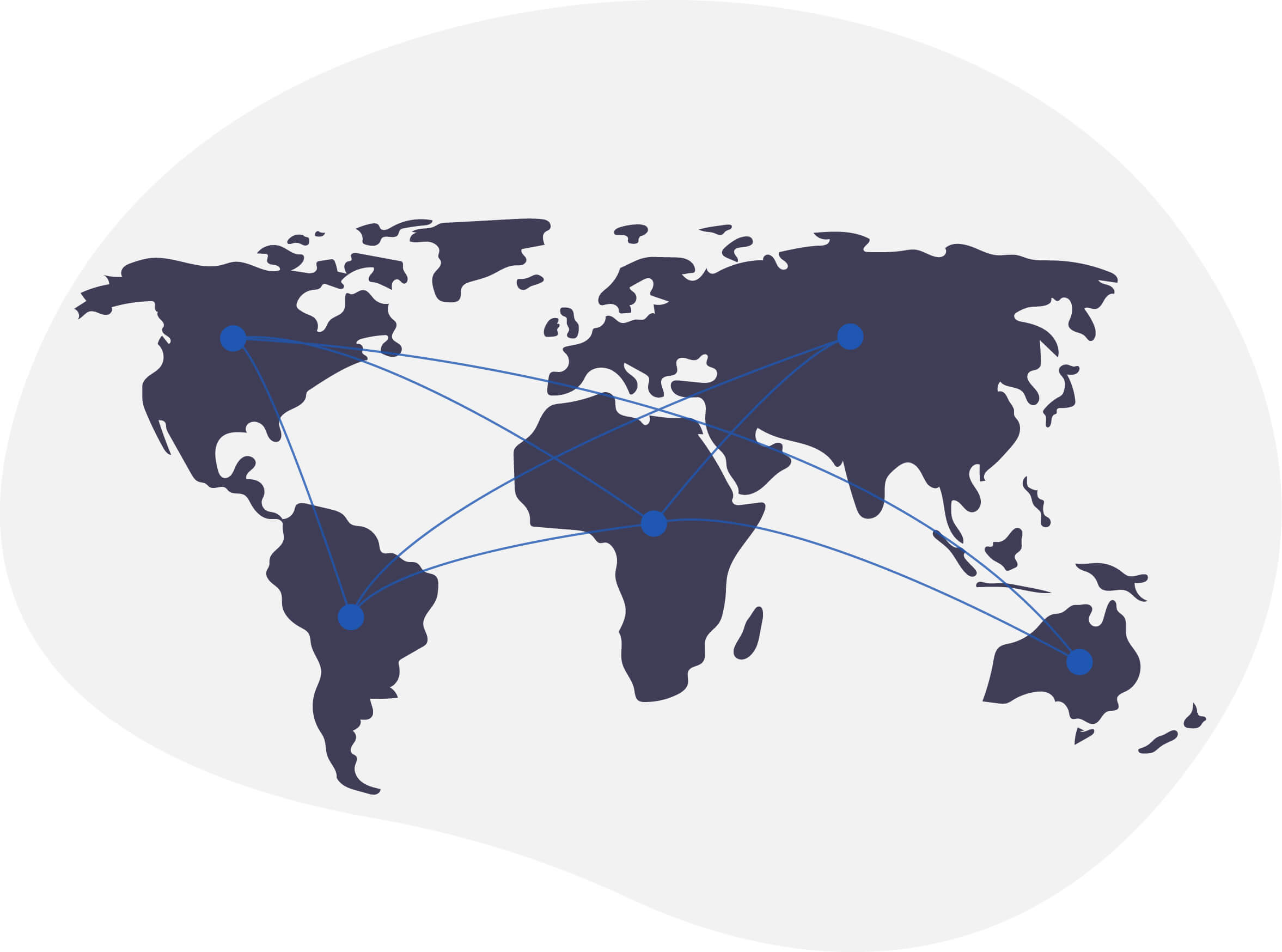 A stylized world map with blue dots on each continent connected by lines, illustrating global connections or a network across different regions.