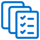 A blue icon of three overlapping documents, with the front document displaying a checklist with three checkmarks and three lines.