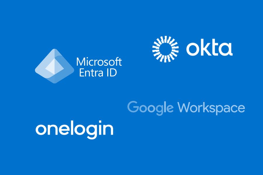 Blue background with logos and names of Microsoft Entra ID, Okta, Google Workspace, and OneLogin, representing different identity and access management platforms.