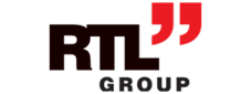 RTL Group logo featuring bold black letters RTL and the word GROUP below in gray. Two large red quotation marks are above and to the right of RTL. The background is light gray.