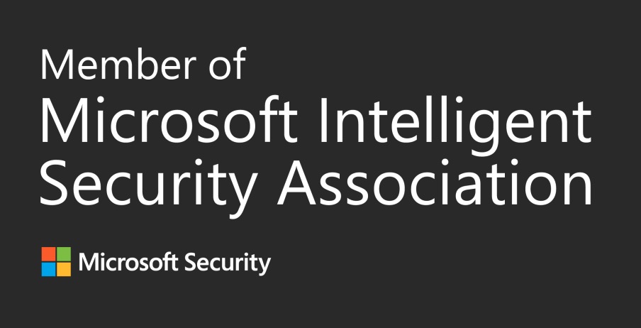 White text on a dark gray background reads Member of Microsoft Intelligent Security Association. Below, the Microsoft logo appears next to the words Microsoft Security.