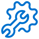 Blue outline drawing of a wrench over a splatter-like shape, suggesting maintenance, repair, or technical support, on a light background.