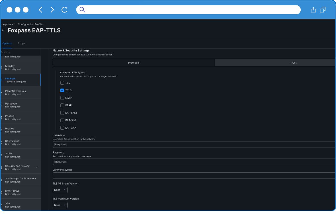 A computer screen displays the Foxpass EAP-TTLS configuration page, showing network security settings with options for accepted EAP types, username, password, and verification fields. The interface has a dark theme.