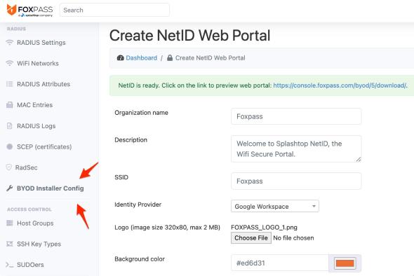 Foxpass RADIUS screenshot of Create NetID Web Portal page highlighting BYOD Installer Config