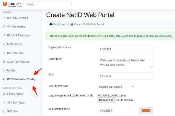 Foxpass RADIUS screenshot of Create NetID Web Portal page highlighting BYOD Installer Config