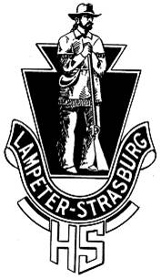 Black and white emblem featuring a man in historical clothing holding a rifle, standing in front of a keystone shape. Below him is a banner reading “Lampeter-Strasburg HS.”.
