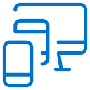 Blue line art icon showing a smartphone, tablet, and desktop monitor overlapping, representing responsive or multi-device compatibility on a light gray background.