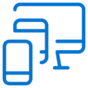 Blue line art icon showing a smartphone, tablet, and desktop monitor overlapping, representing responsive or multi-device compatibility on a light gray background.