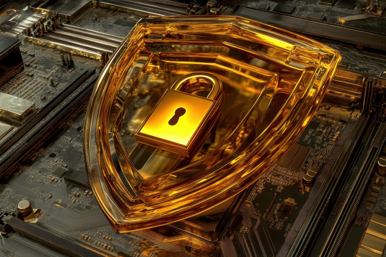 Golden padlock and shield symbolizing cybersecurity protection on a computer motherboard.