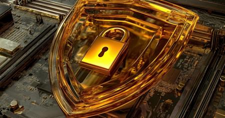 Golden padlock and shield symbolizing cybersecurity protection on a computer motherboard.