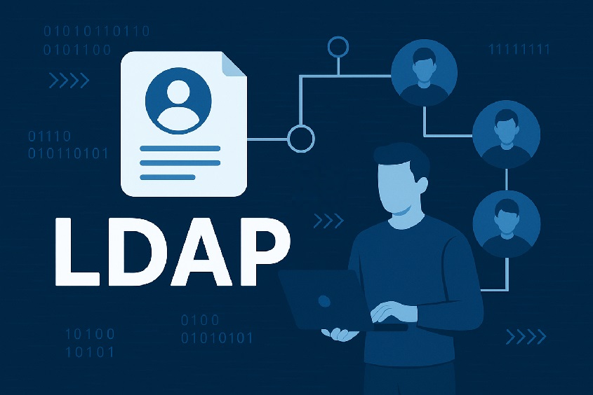 Illustration of a person using a laptop, connected to avatar icons by lines, with a document icon and the text “LDAP” in large letters, symbolizing directory access and user management.