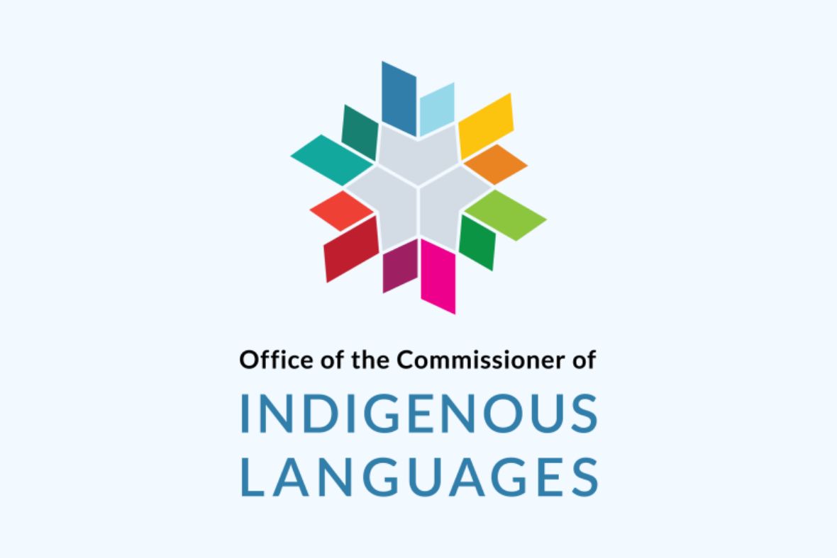 Logo of the Office of the Commissioner of Indigenous Languages, featuring a multicolored star-like design above the organizations name in black and blue text on a light background.
