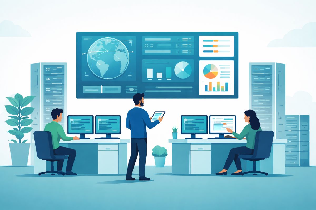 IT professionals in an office are monitoring security data.