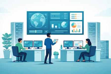 IT professionals in an office are monitoring security data.