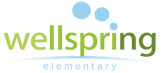 Logo for Wellspring Elementary. The word wellspring is in green gradient lowercase letters, with three blue water droplets above. Elementary is written in smaller, light blue lowercase letters underneath.