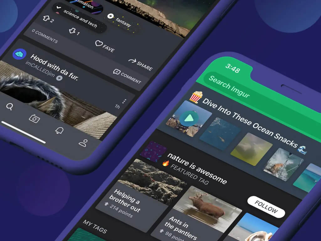 Two smartphones display the Imgur app, showing image posts, search bars, and various tags like “nature is awesome.” The screens feature photo thumbnails, comments, and navigation icons, all against a dark-themed interface.