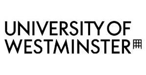 The image shows the University of Westminster logo, with the name written in bold, black uppercase letters and a small grid-like symbol to the right of the word WESTMINSTER.