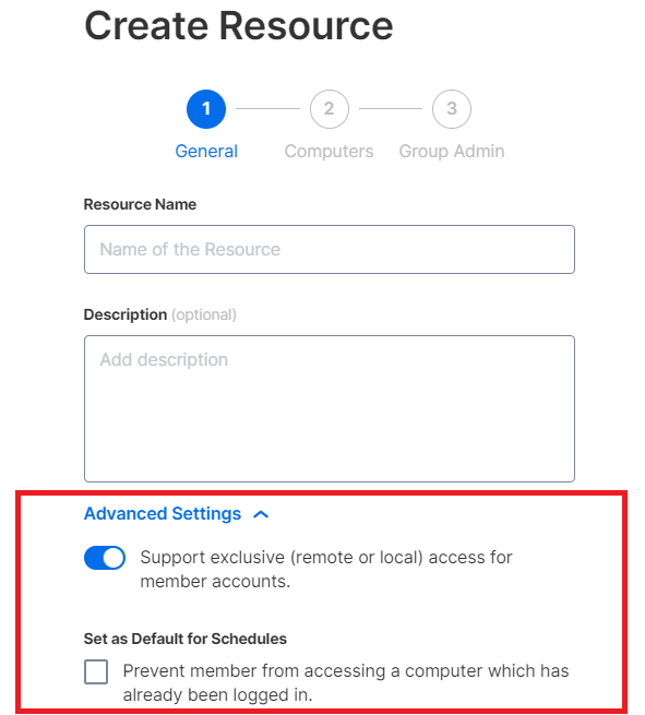 A web form titled Create Resource with fields for resource name and description. Advanced settings are shown, including toggles for exclusive access and default scheduling restrictions.