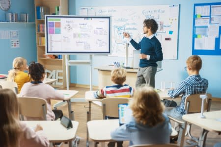 Teacher in classroom using Splashtop Whiteboard in front of students